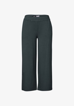Dunkelgraue, weit geschnittene Hosen aus weichem, elastischem Stoff mit einem elastischen Bund. Sie verfügen über einen klassischen Schnitt und seitliche Taschen.