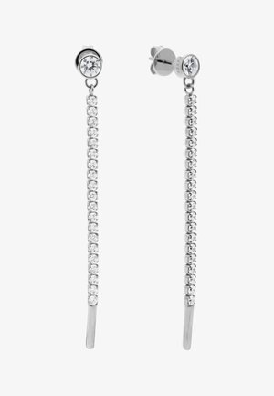 Zilveren druppelvormige oorbellen met een ronde kristalsteun en een verticale rij van kleinere kristallen die eronder hangen.