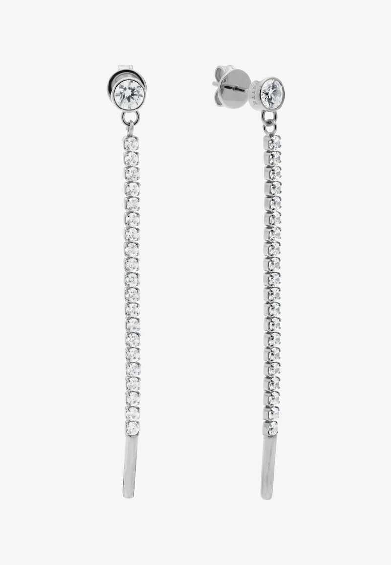Zilveren druppelvormige oorbellen met een ronde kristalsteun en een verticale rij van kleinere kristallen die eronder hangen.