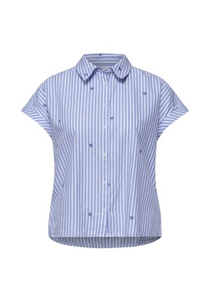 Blouse à manches courtes à rayures verticales bleu et blanc avec petits cœurs brodés, fermeture à boutons sur le devant et col arrondi.