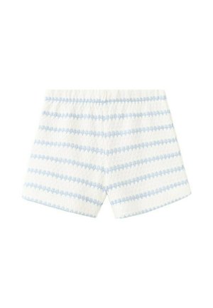 Biele pletené šortky s svetlomodrými horizontálnymi pruhmi a elastickým pásom, určené na bežné nosenie.