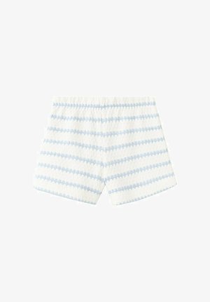 Witte gebreide korte broek met lichtblauwe horizontale strepen en een elastische tailleband, ontworpen voor casual gebruik.