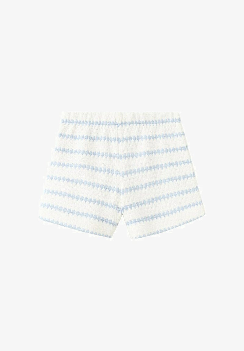 Shorts en maille blanche avec des rayures horizontales bleu clair et une ceinture élastique, conçus pour une tenue décontractée.
