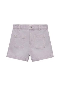 Shorts in denim lilla chiaro con vita aderente, chiusura frontale con bottone e due tasche posteriori. Tessuto liscio con taglio sagomato.