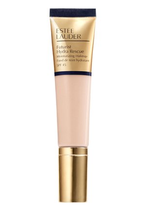 Estee Lauder Futurist Hydra Rescue tube, lys beige, med guld- og navy-akcenter. Har en glat, plastisk finish og SPF 45.