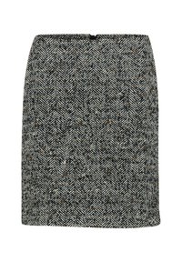 Jupe en chevron noir et blanc tissé avec des accents marron mouchetés. Coupe droite, longueur au-dessus du genou, et fermeture éclair invisible au dos.