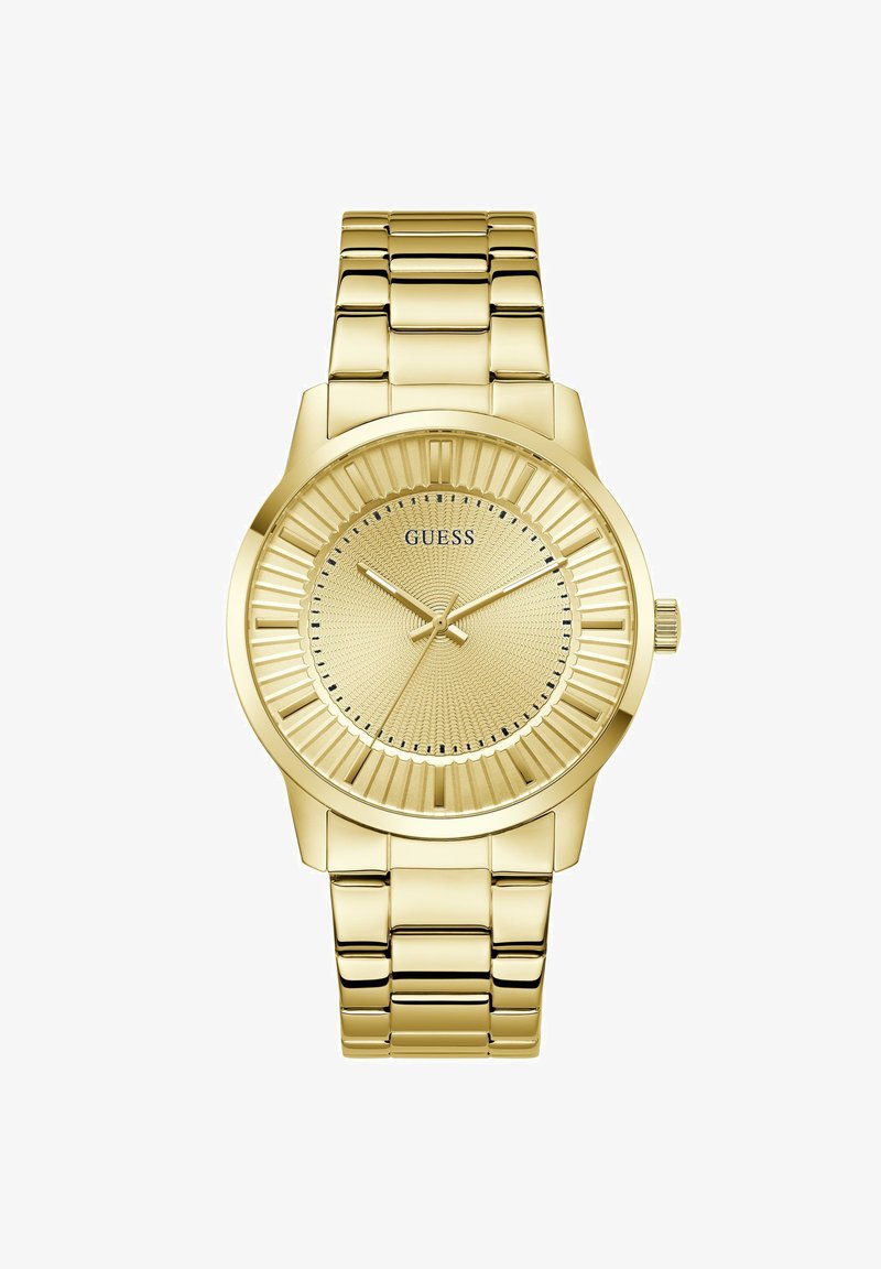 Ρολόι χειρός με επίχρυσο μέταλλο, καντράν με υφή, τρεις δείκτες, ωροδείκτες με ρωμαϊκούς αριθμούς και μπρασελέ με συνδέσμους.