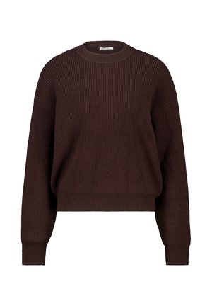 Bruin gebreid sweater met een ronde hals, verlaagde schouders en geribde manchetten. Verkorte lengte met een gestructureerd patroon doorheen.
