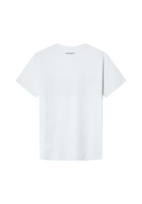Camiseta blanca de manga corta con un pequeño logo negro de "HACKETT" centrado cerca del escote en la parte superior de la espalda.