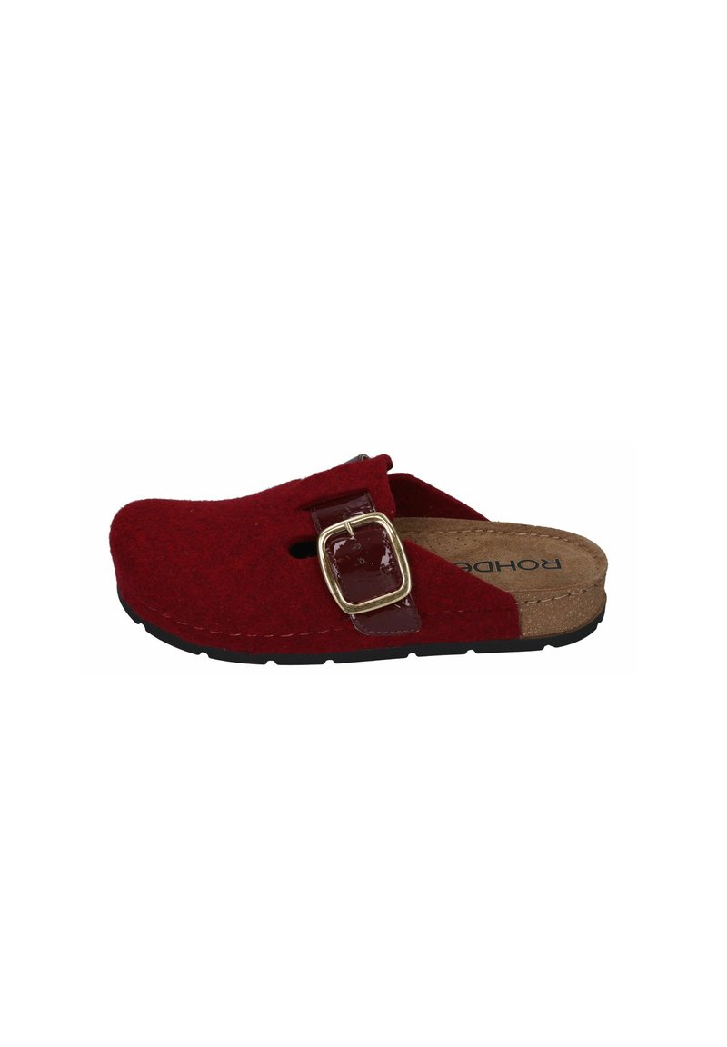 Red felt clogs with a curved shape, a glossy buckle accent, and a cork footbed. Features a textured rubber sole for grip.