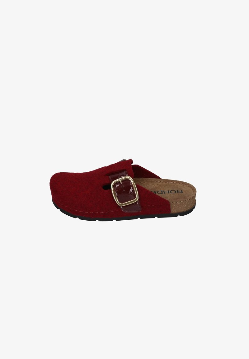 Red felt clogs with a curved shape, a glossy buckle accent, and a cork footbed. Features a textured rubber sole for grip.