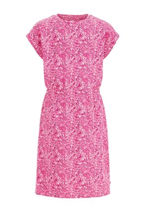 Pink knælængde kjole med kasketærmer med et all-over paisley mønster og en indsamlet talje.