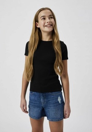 Black ribbed short-sleeve shirt paired with blue denim shorts featuring a distressed detail, creating a casual and comfortable look.