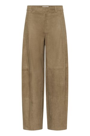 Pantaloni bej largi cu talie înaltă, textură subtilă de crocodil, cu bucle pentru curea, fermoar frontal și închidere cu nasture.