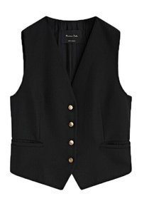 Veste noire sans manches avec col en V, quatre boutons dorés sur le devant et deux poches avant.
