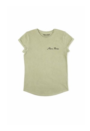 T-shirt en coton vert clair à manches courtes avec revers roulés et texte cursif noir « Mira Paris » sur la poitrine gauche.
