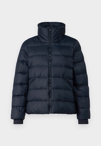 Giacca a vento blu navy con colletto alto, motivo a trapunta orizzontale, chiusura con zip e tasche laterali. Maniche con polsini a coste per maggiore calore.