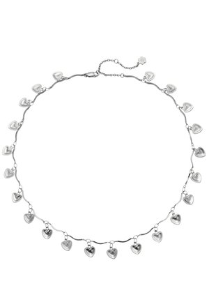 Silver chain necklace with small heart-shaped pendants evenly spaced along its length and a lobster clasp closure with adjustable links.