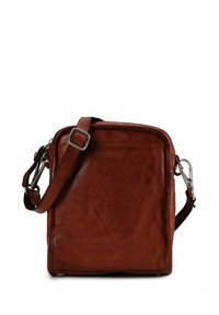 Borsa a tracolla in pelle marrone, forma quadrata, chiusura con zip, tracolla regolabile, dettagli in metallo argento, texture morbida, design minimalista.