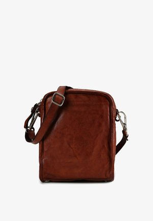 Bolso bandolera de cuero marrón, forma cuadrada, cierre con cremallera, correa ajustable, detalles de herrajes plateados, textura suave, diseño minimalista.