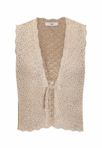 Gilet en maille beige avec un bord festonné et une ouverture devant, présentant une fermeture à nouer à la taille et un motif complexe ressemblant à de la dentelle.