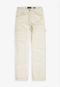 Pantalon cargo blanc en coton résistant avec de multiples poches, une coupe droite et des passants latéraux pour accessoires.