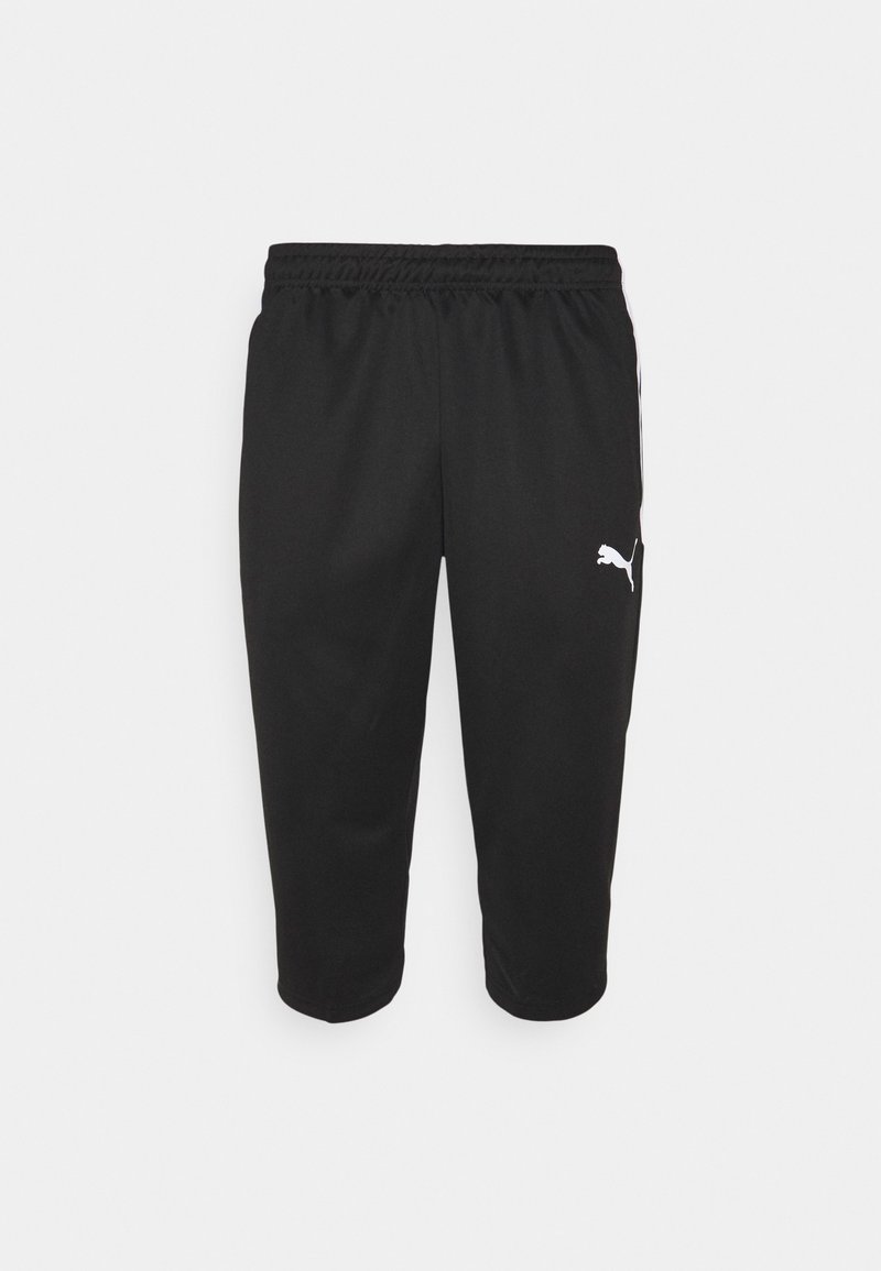 Pantalones deportivos negros con cinturilla elástica, corte hasta la rodilla y logo de Puma blanco en la parte inferior izquierda. Fabricados con tejido ligero.
