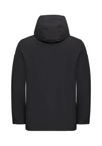 Veste à capuche noire avec une finition lisse et mate. Elle présente des manches longues et des poignets ajustables. Design épuré et minimaliste ; sans logos ni motifs visibles.