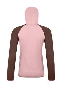 Hoodie mit einem rosa strukturierten Oberteil und braunen gerippten Ärmeln, mit einem taillierten Design und kontrastierenden Farben.