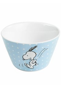 Ciotola di ceramica blu con punti bianchi, decorata con un'illustrazione in bianco e nero di un cane cartone animato che corre. Finitura interna lucida.