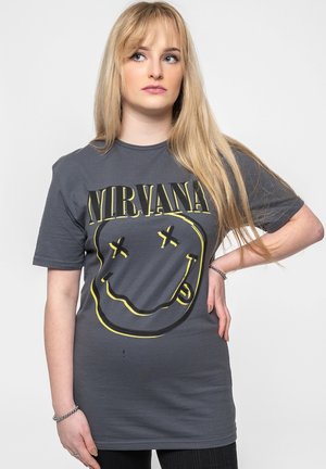 Gray cotton t-shirt featuring a large yellow and black Nirvana smiley face graphic. Short sleeves, round neck, relaxed fit.