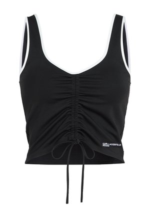 Μαύρο αμάνικο crop top με λευκή λεπτομέρεια, ραβδώσεις στο κέντρο μπροστά με κορδόνι και μικρό λογότυπο "Karl Lagerfeld Jeans" στο τελείωμα.