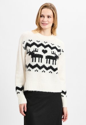 Weißer Strickpullover mit schwarzen Rentieren, Herzen und Zickzackmustern. Weicher Stoff mit gerippten Bündchen und Saum.