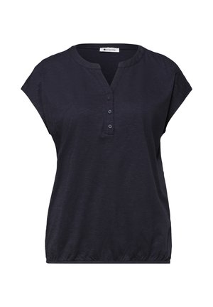 Marineblaue Bluse mit kurzen Ärmeln, rundem Schlitzkragen, Drei-Knopf-Leiste und elastischem Saum von der Marke Street One.