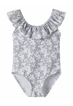 Barns hvid ærmeløs badedragt med lavendelfarvet blomsterprint og flæset halsudskæring over skuldrene.