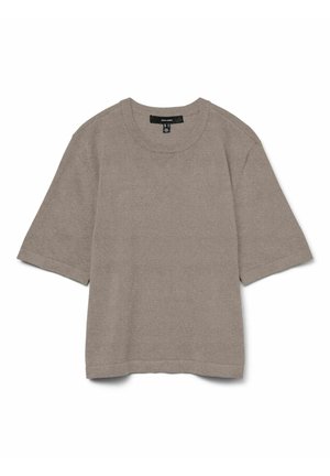 Tumši pelēka īsroku adīta džemperis ar apaļu kakla izgriezumu un brīvu krītu, attēlots uz balta fona.