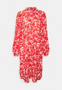 Vestido estampado em flores vermelhas com mangas longas, colarinho, fecho á frente com botões e corte descontraído. O tecido apresenta um padrão leve e texturizado sobre um fundo creme.