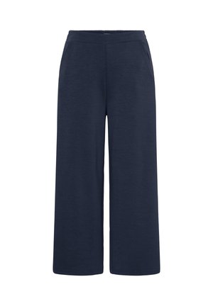 Navy blue wide-leg pants with elastic waistband and side pockets, made from soft, comfortable fabric for casual wear.