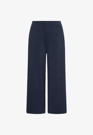 Tumesinised laia säärega püksid elastse vöökohaga ja küljetaskutega, valmistatud pehmest ja mugavast kangast igapäevaseks kandmiseks.