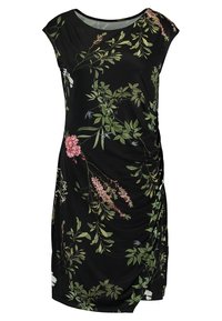 Czarna sukienka z kwiatowym wzorem w zieleni i różu, luźny krój i marszczenie po jednej stronie. Krótkie rękawy, okrągły dekolt.