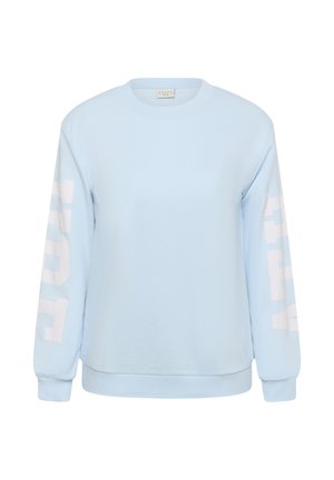 Felpa a maniche lunghe azzurro chiaro con polsini e collo a costine, scritta bianca a blocchi su entrambe le maniche e piccola etichetta del marchio all'interno del collo.