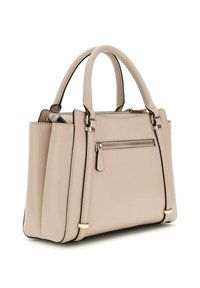Sac à main synthétique beige au design structuré, avec deux poignées, poche zippée, accents en matériel doré et détails de couture.