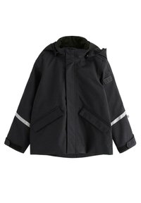 Černá nepromokavá bunda s kapucí s fleecovou podšívkou, reflexními pruhy, dvěma předními kapsami a suchými zipy na manžetách. Na rukávu je nášivka s logem.