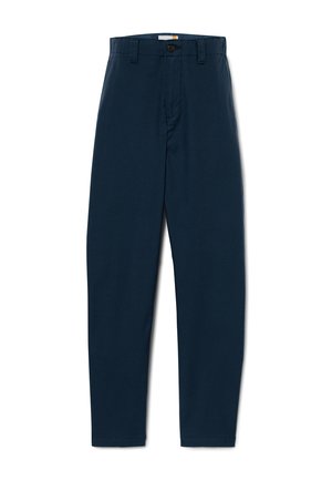 Marineblauwe broek van een katoenmix, met knoopsluiting en een platte voorkant, rechte pijpen en zonder zichtbare patronen.
