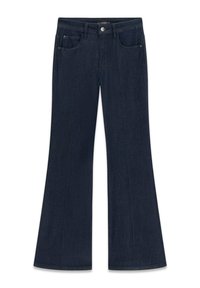 Jeans a zampa in denim scuro con cinque tasche, chiusura frontale con bottoni e cintura strutturata. Texture liscia e sagoma su misura.