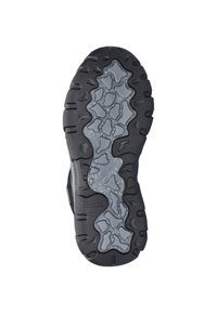 Zwarte en grijze robuuste schoenzool met een gestructureerd profiel ontworpen voor slipweerstand en verbeterde grip.