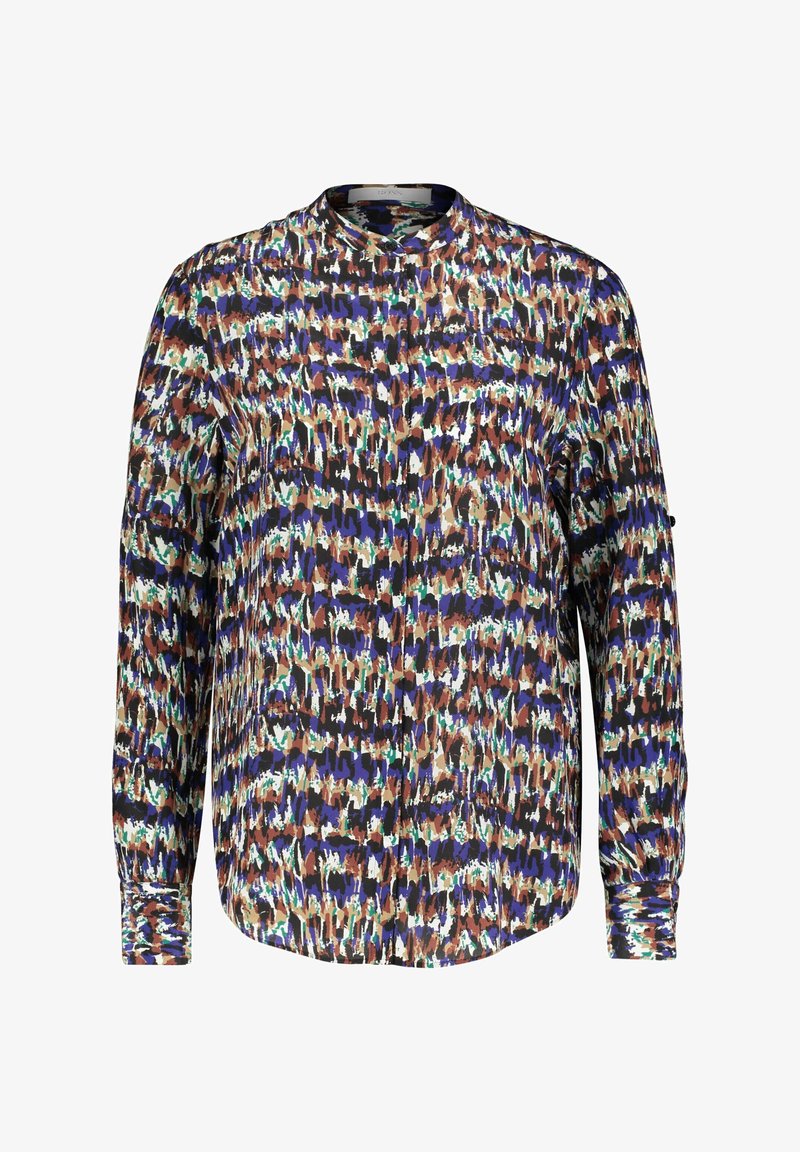 Chemise à manches longues avec boutons et col montant, présentant un motif abstrait multicolore aux tons bleu, brun, noir, blanc et vert.