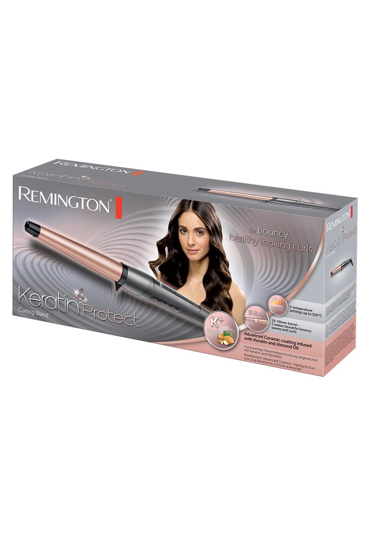 Fer à friser Remington Keratin Protect. Doté d'un baril noir avec des accents en or rose. Taille de 19-28 mm, revêtement céramique avancé pour un coiffage lisse.