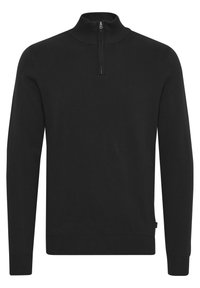 Schwarzer langärmeliger Pullover mit hohem Kragen und Viertel-Reißverschluss. Hergestellt aus strukturiertem Stoff mit gerippten Bündchen und Saum. Einfaches Design, keine Muster.