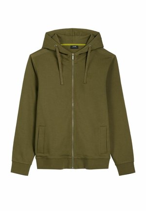 Bluza z kapturem w oliwkowej zieleni z zamkiem błyskawicznym, sznurkami, dwoma przednimi kieszeniami, ściągaczami na rękawach i u dołu, zaprojektowana do codziennego użytku.